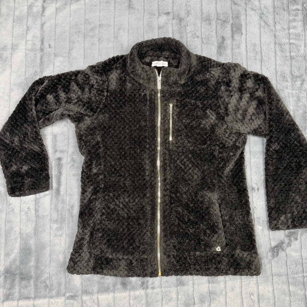 Calvin Klein Womens Black Faux Fur Fleece Full Zip Jacket Mock Neck Large